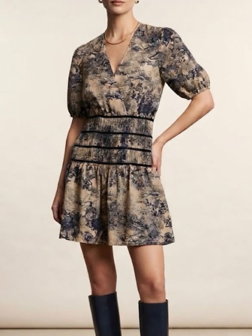 Entro Mini Dress Velvet Detail Toile Print Blue Cream Short Sleeve Size Small